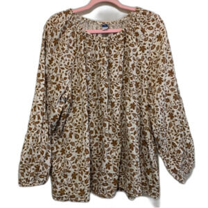 Old Navy Shirred Double-Weave Blouse brown floral gauze cotton peasant top xxl
